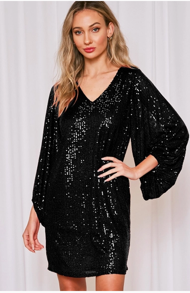 V-Neck Balloon Sleeve Sequin Dress