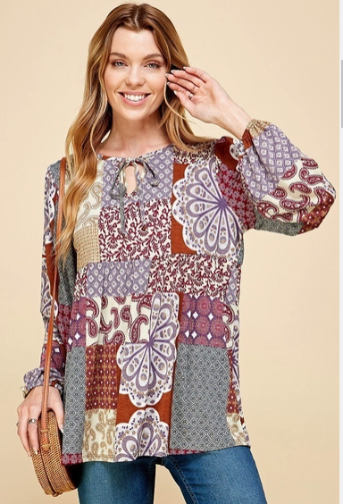 Women Women Multi Print Keyhole Loose Top