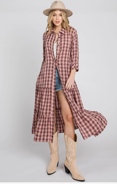 Gingham Waist Tie Band Tiered Dress