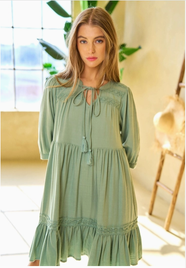 Solid Ruffle Midi Sleeve Mini Dress with Pockets