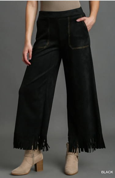 Solid Suede Long Pants with Frey Hem