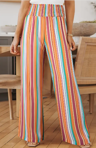 Women Striped Smocked High Waist Wide Leg Pants |