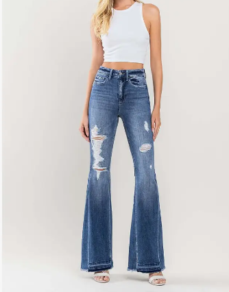 High Rise Distressed Panel Flare Jeans