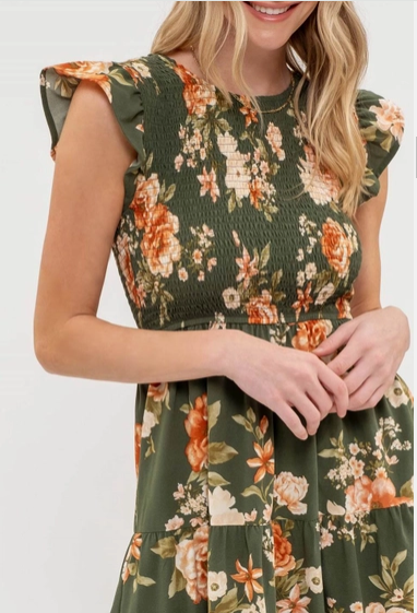 Smocked Tiered Floral Midi Dress