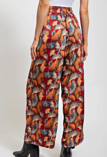 Soft Drapey Satin Ginkgo Printed Palazzo Pants