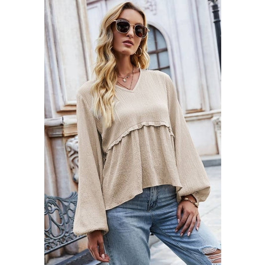 Sweet Ruffled Long Sleeve V-Neck Top