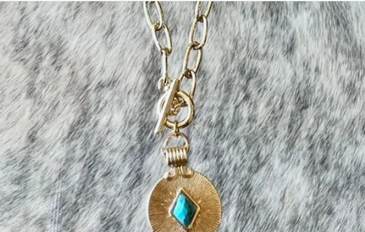 Gold Turquoise Medallion Paperclip Chain