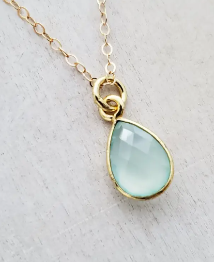 Gold Teardrop Aqua Chalcedony Necklace