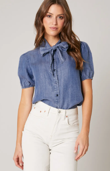 Georgina Chambray Button Front Bow Top