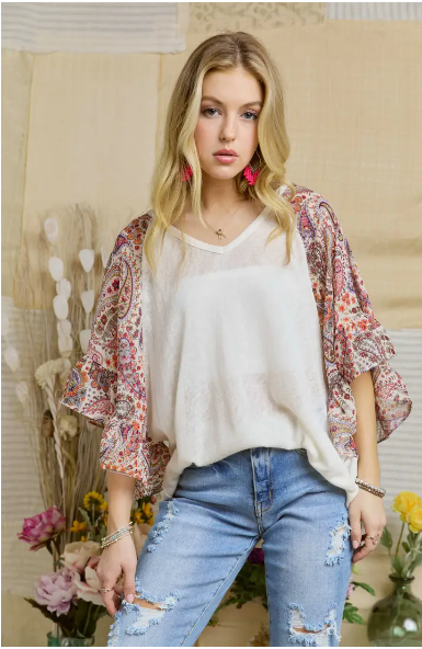 Solid V Neck Printed Sleeve Top